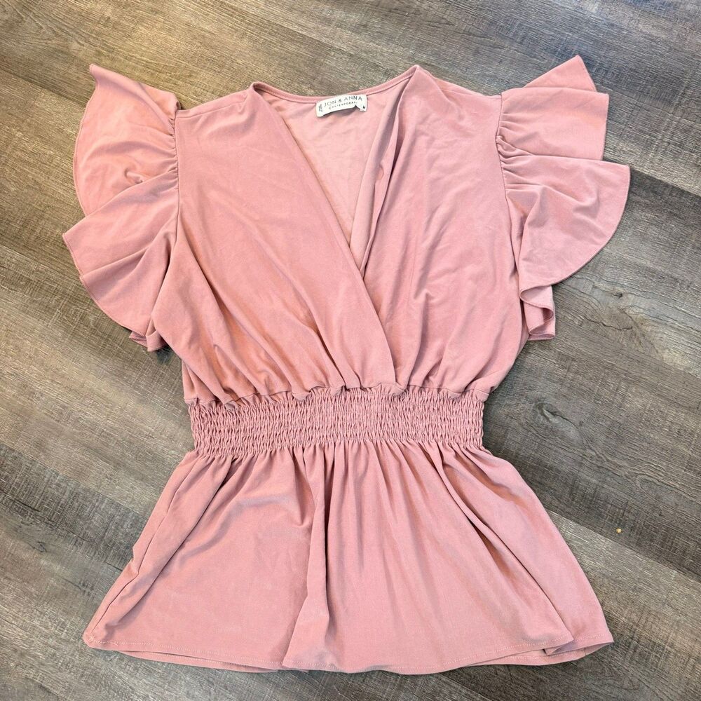 Jon & Anna Pink Smocked Peplum Blouse Flutter Sleeve V Neck Coquette Cottage M